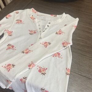 aerie White Ribbed Long-Sleeve Henley with Pink Floral Print
